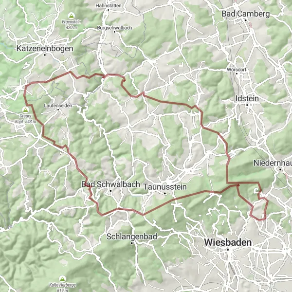 Karten-Miniaturansicht der Radinspiration "Herausforderung im Taunus: Gravel-Runde ab Wiesbaden" in Darmstadt, Germany. Erstellt vom Tarmacs.app-Routenplaner für Radtouren