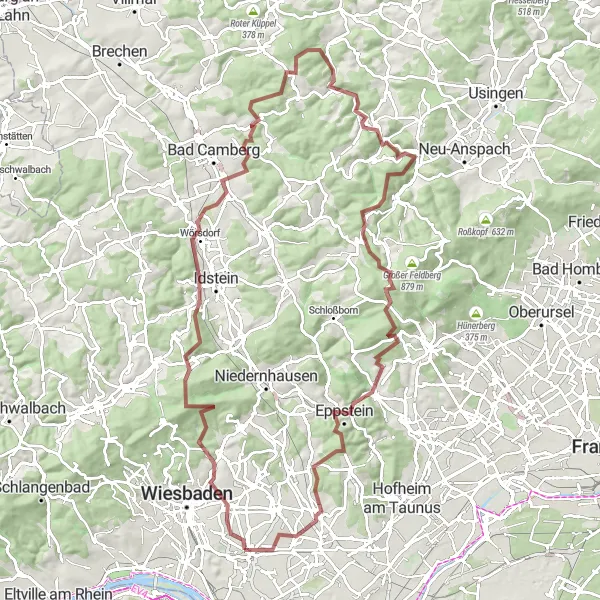 Karten-Miniaturansicht der Radinspiration "Gravel-Tour von Wiesbaden" in Darmstadt, Germany. Erstellt vom Tarmacs.app-Routenplaner für Radtouren