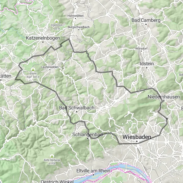 Map miniature of "Hitting the Road in the Taunus Mountains" cycling inspiration in Darmstadt, Germany. Generated by Tarmacs.app cycling route planner