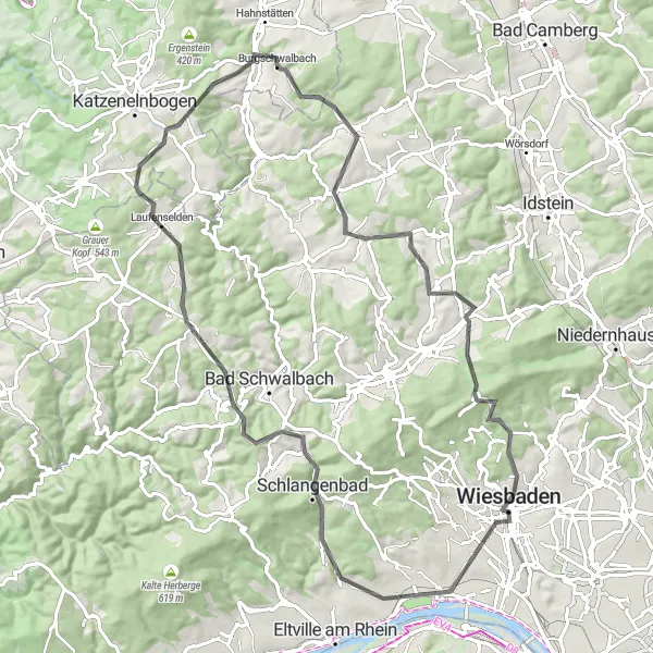 Map miniature of "Wiesbaden Explorer" cycling inspiration in Darmstadt, Germany. Generated by Tarmacs.app cycling route planner