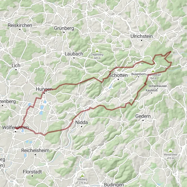 Map miniature of "Hessen Gravel Adventure" cycling inspiration in Darmstadt, Germany. Generated by Tarmacs.app cycling route planner