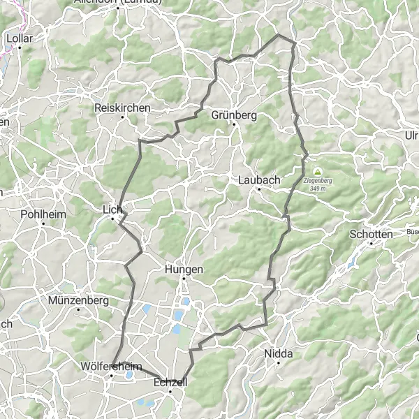 Map miniature of "Scenic Road Cycling Adventure from Wölfersheim" cycling inspiration in Darmstadt, Germany. Generated by Tarmacs.app cycling route planner