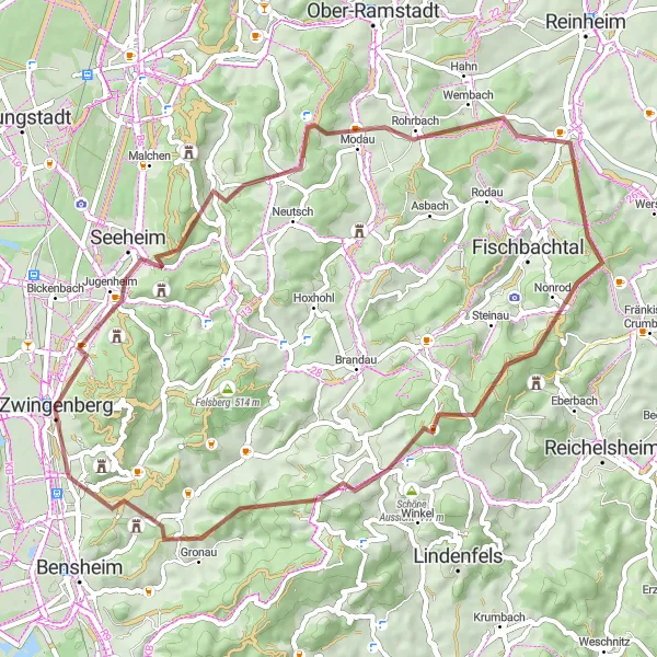 Map miniature of "Escaping to the Odenwald" cycling inspiration in Darmstadt, Germany. Generated by Tarmacs.app cycling route planner