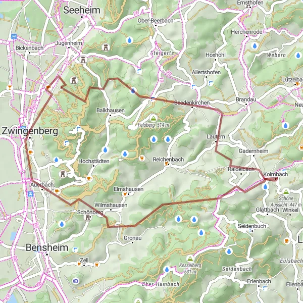 Map miniature of "Nature Retreat in the Odenwald" cycling inspiration in Darmstadt, Germany. Generated by Tarmacs.app cycling route planner