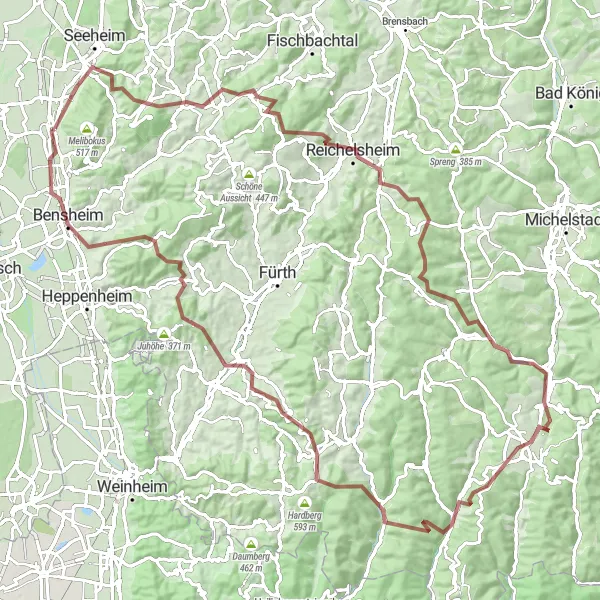 Map miniature of "Ultimate Gravel Challenge" cycling inspiration in Darmstadt, Germany. Generated by Tarmacs.app cycling route planner