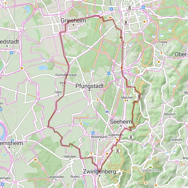 Karten-Miniaturansicht der Radinspiration "Gravel-Rundfahrt durch den Odenwald von Zwingenberg" in Darmstadt, Germany. Erstellt vom Tarmacs.app-Routenplaner für Radtouren