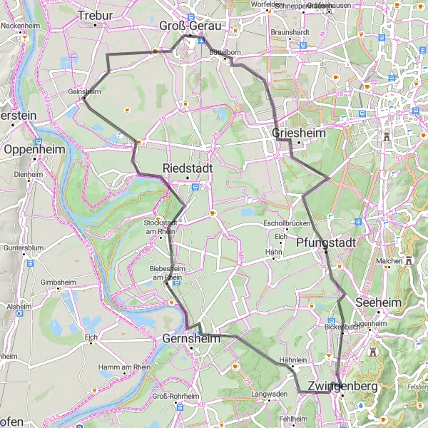 Map miniature of "Around the Rhine" cycling inspiration in Darmstadt, Germany. Generated by Tarmacs.app cycling route planner