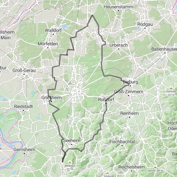 Map miniature of "Charming Hessian Circuit" cycling inspiration in Darmstadt, Germany. Generated by Tarmacs.app cycling route planner