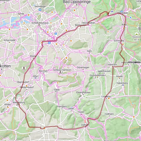 Karten-Miniaturansicht der Radinspiration "Abenteuerliche Gravel-Tour rund um Altenbeken" in Detmold, Germany. Erstellt vom Tarmacs.app-Routenplaner für Radtouren
