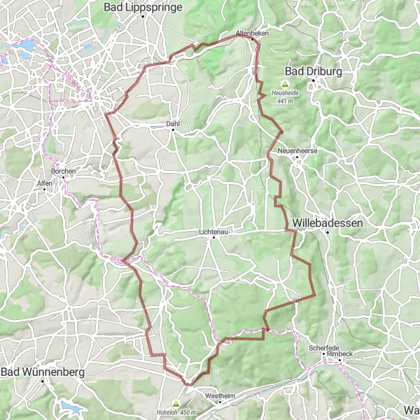 Map miniature of "Through Forests and Hills" cycling inspiration in Detmold, Germany. Generated by Tarmacs.app cycling route planner