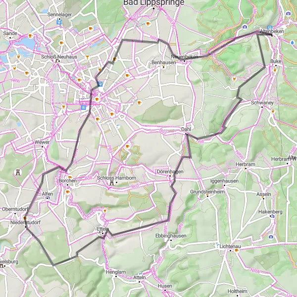 Map miniature of "Dune Highway" cycling inspiration in Detmold, Germany. Generated by Tarmacs.app cycling route planner