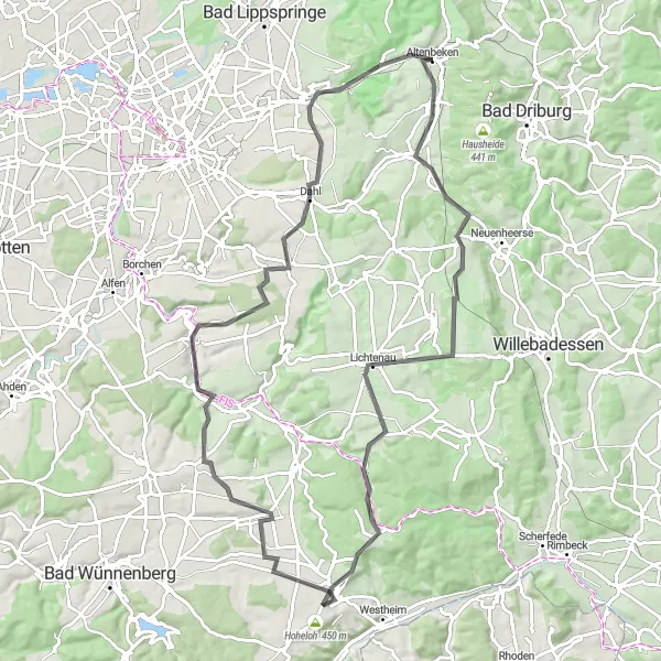 Map miniature of "Altenbeken to Schierenberg Road Route" cycling inspiration in Detmold, Germany. Generated by Tarmacs.app cycling route planner