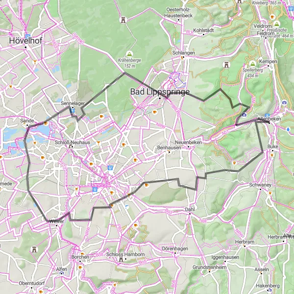 Map miniature of "Charming Countryside Ride" cycling inspiration in Detmold, Germany. Generated by Tarmacs.app cycling route planner