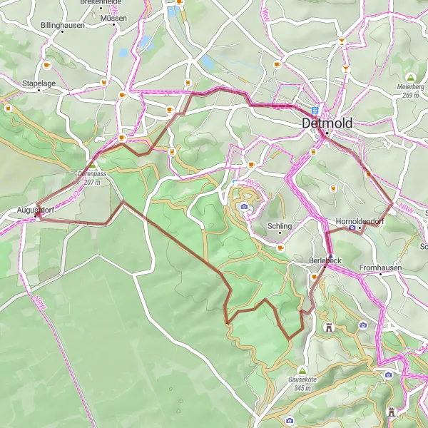 Map miniature of "Detmold Gravel Adventure" cycling inspiration in Detmold, Germany. Generated by Tarmacs.app cycling route planner
