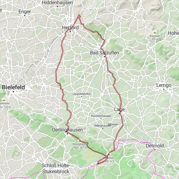 Map miniature of "Hidden Gems Gravel Expedition" cycling inspiration in Detmold, Germany. Generated by Tarmacs.app cycling route planner