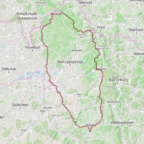 Map miniature of "The Ultimate Gravel Challenge" cycling inspiration in Detmold, Germany. Generated by Tarmacs.app cycling route planner