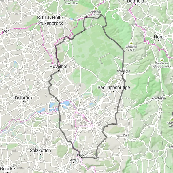 Map miniature of "The Road Less Traveled" cycling inspiration in Detmold, Germany. Generated by Tarmacs.app cycling route planner