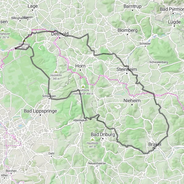 Map miniature of "Challenging Road Loop" cycling inspiration in Detmold, Germany. Generated by Tarmacs.app cycling route planner