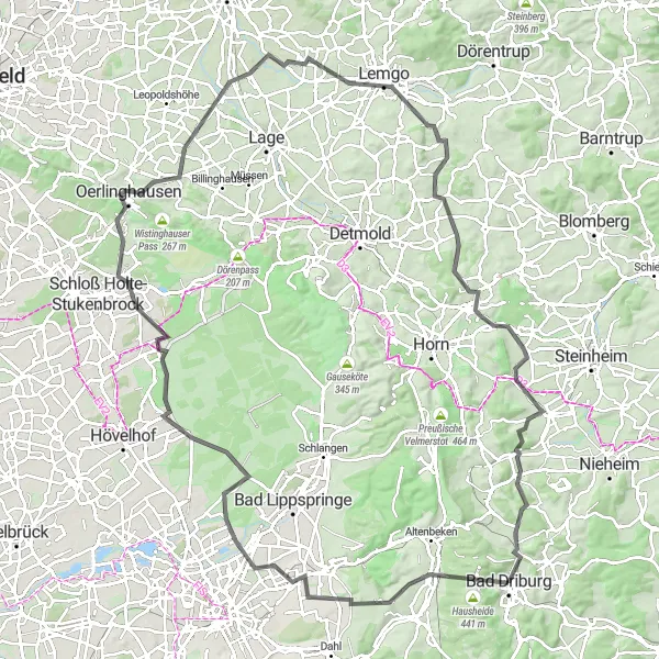 Map miniature of "Road Cycling Adventure in Westphalia" cycling inspiration in Detmold, Germany. Generated by Tarmacs.app cycling route planner