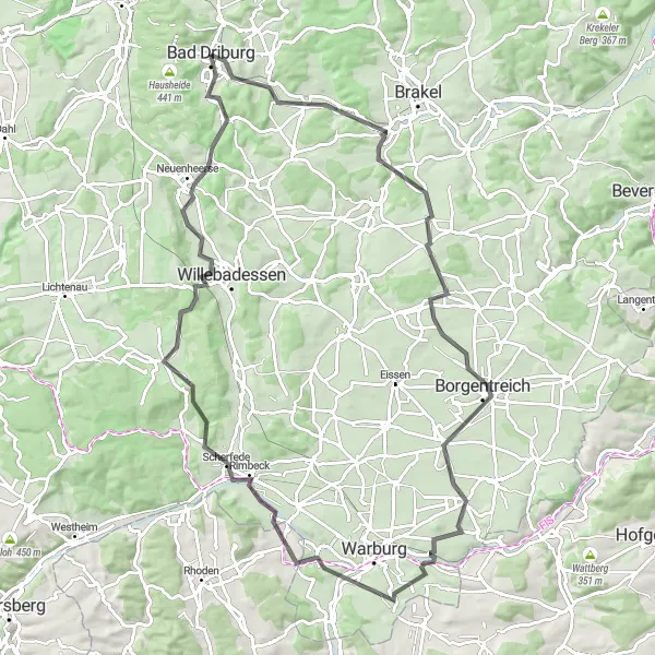 Map miniature of "Road Tour through Countryside and Hills" cycling inspiration in Detmold, Germany. Generated by Tarmacs.app cycling route planner