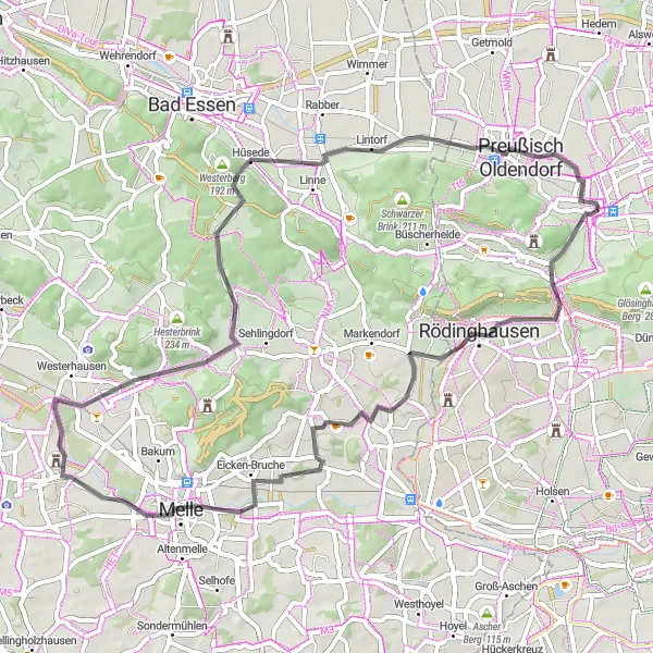 Map miniature of "The Holzhausen Loop" cycling inspiration in Detmold, Germany. Generated by Tarmacs.app cycling route planner