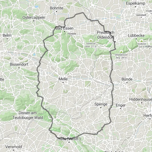 Karten-Miniaturansicht der Radinspiration "Herausfordernde Tour durch die Region" in Detmold, Germany. Erstellt vom Tarmacs.app-Routenplaner für Radtouren