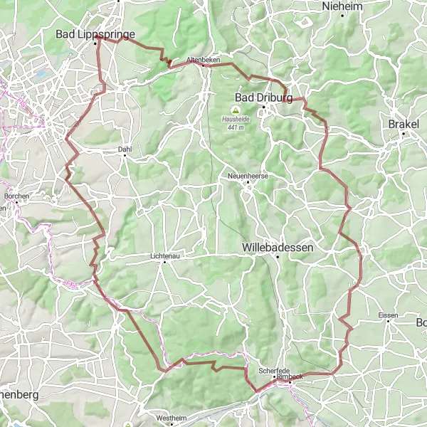Map miniature of "Altenbeken Getaway" cycling inspiration in Detmold, Germany. Generated by Tarmacs.app cycling route planner