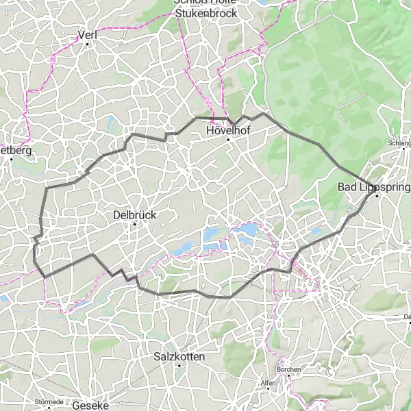 Map miniature of "Elsen Circuit" cycling inspiration in Detmold, Germany. Generated by Tarmacs.app cycling route planner