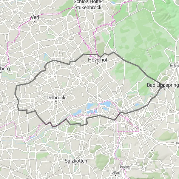 Map miniature of "The Charming Castles and Picturesque Villages Route" cycling inspiration in Detmold, Germany. Generated by Tarmacs.app cycling route planner