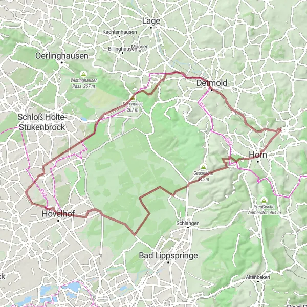 Map miniature of "Horn to Spork-Eichholz - Gravel Adventure" cycling inspiration in Detmold, Germany. Generated by Tarmacs.app cycling route planner