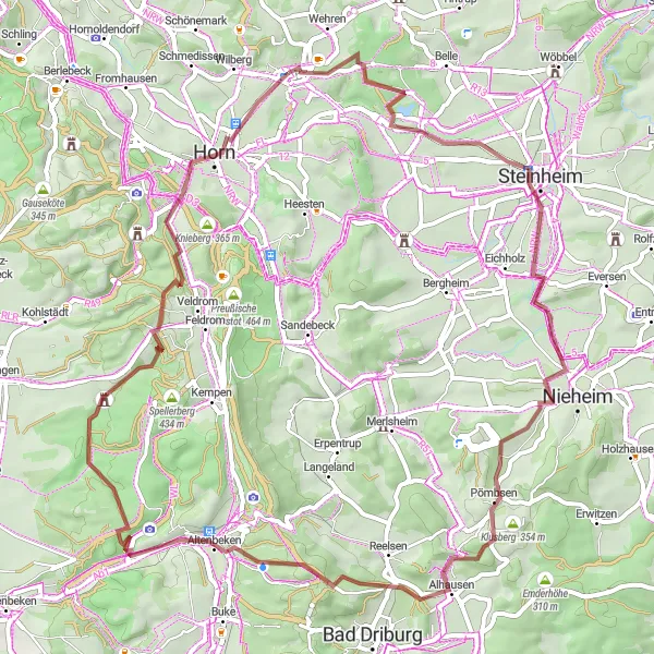 Map miniature of "Scenic Gravel Route to Kohlenberg" cycling inspiration in Detmold, Germany. Generated by Tarmacs.app cycling route planner