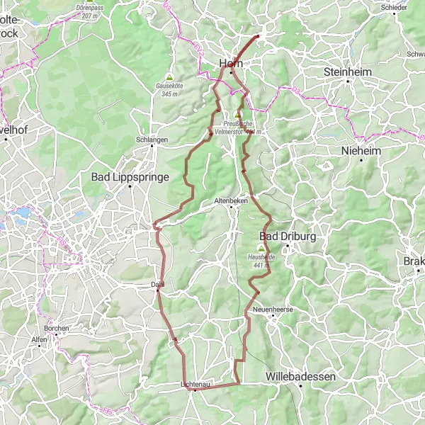 Map miniature of "Gravel Route to Eulenturm" cycling inspiration in Detmold, Germany. Generated by Tarmacs.app cycling route planner