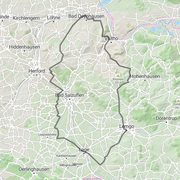 Karten-Miniaturansicht der Radinspiration "Die Hügelroute von Bad Oeynhausen" in Detmold, Germany. Erstellt vom Tarmacs.app-Routenplaner für Radtouren