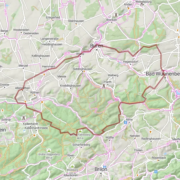 Map miniature of "Exploring the Gravel Trails of Bad Wünnenberg" cycling inspiration in Detmold, Germany. Generated by Tarmacs.app cycling route planner