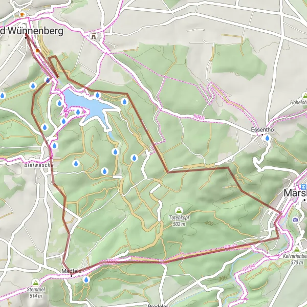 Map miniature of "A Historical Adventure through Hörtrichter and Obermarsberg" cycling inspiration in Detmold, Germany. Generated by Tarmacs.app cycling route planner