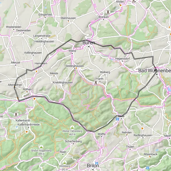 Map miniature of "A Road Cycling Journey through Alme and Altenrüthen" cycling inspiration in Detmold, Germany. Generated by Tarmacs.app cycling route planner