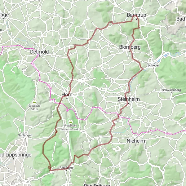 Map miniature of "Gravel Loop from Barntrup" cycling inspiration in Detmold, Germany. Generated by Tarmacs.app cycling route planner