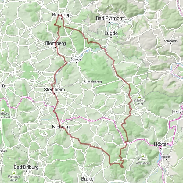 Karten-Miniaturansicht der Radinspiration "Gravel-Abenteuer am Teutoburger Wald" in Detmold, Germany. Erstellt vom Tarmacs.app-Routenplaner für Radtouren