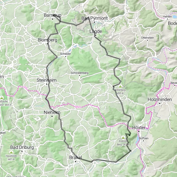 Karten-Miniaturansicht der Radinspiration "Roadtour um den Köterberg" in Detmold, Germany. Erstellt vom Tarmacs.app-Routenplaner für Radtouren