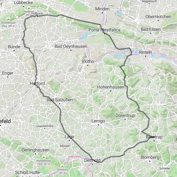 Map miniature of "Challenging Road Loop from Barntrup" cycling inspiration in Detmold, Germany. Generated by Tarmacs.app cycling route planner