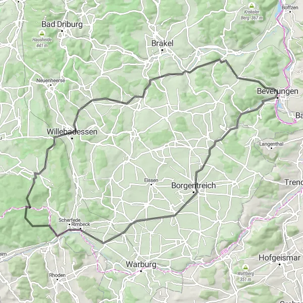 Map miniature of "Beverungen and beyond" cycling inspiration in Detmold, Germany. Generated by Tarmacs.app cycling route planner