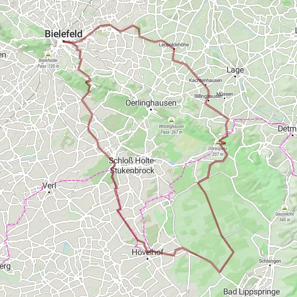 Karten-Miniaturansicht der Radinspiration "Gravelabenteuer um Bielefeld" in Detmold, Germany. Erstellt vom Tarmacs.app-Routenplaner für Radtouren