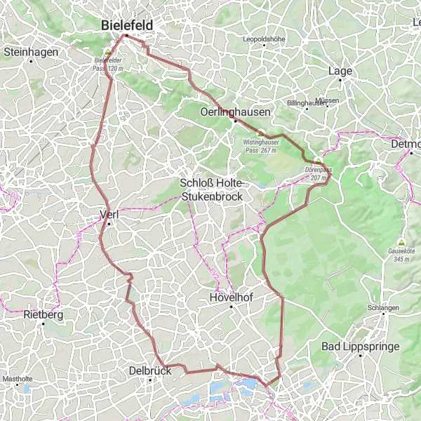 Karten-Miniaturansicht der Radinspiration "Gravelabenteuer durch die Natur" in Detmold, Germany. Erstellt vom Tarmacs.app-Routenplaner für Radtouren