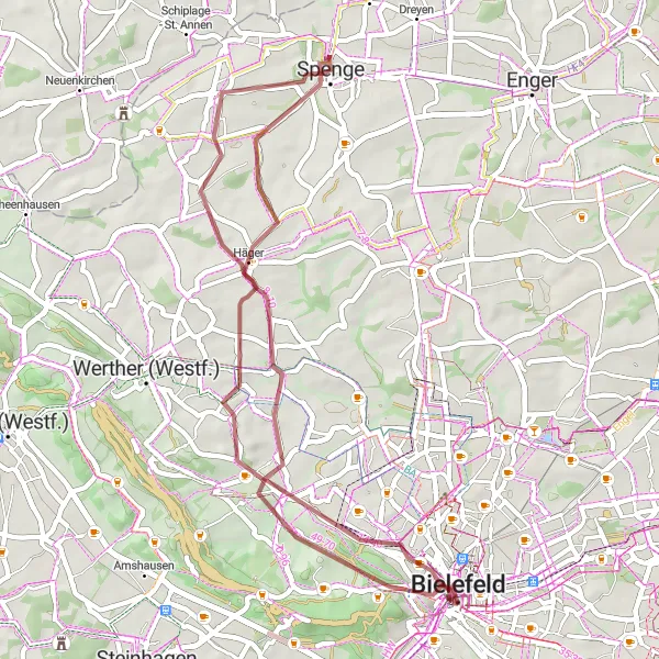 Map miniature of "Scenic Ride to Spenge" cycling inspiration in Detmold, Germany. Generated by Tarmacs.app cycling route planner