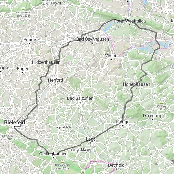 Karten-Miniaturansicht der Radinspiration "Herausfordernde Rundfahrt um Bielefeld" in Detmold, Germany. Erstellt vom Tarmacs.app-Routenplaner für Radtouren