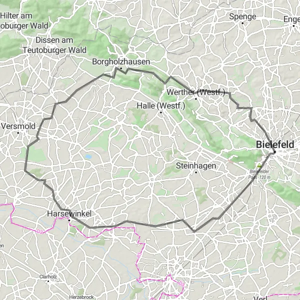 Karten-Miniaturansicht der Radinspiration "Radtour durch die Natur um Bielefeld" in Detmold, Germany. Erstellt vom Tarmacs.app-Routenplaner für Radtouren