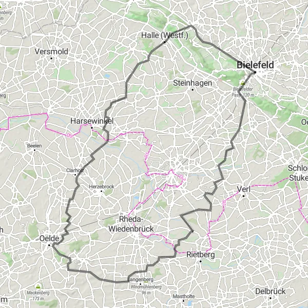 Karten-Miniaturansicht der Radinspiration "Herausfordernde Fahrt durch Oelde" in Detmold, Germany. Erstellt vom Tarmacs.app-Routenplaner für Radtouren
