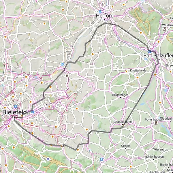 Karten-Miniaturansicht der Radinspiration "Rundfahrt von Bielefeld - 47 km" in Detmold, Germany. Erstellt vom Tarmacs.app-Routenplaner für Radtouren