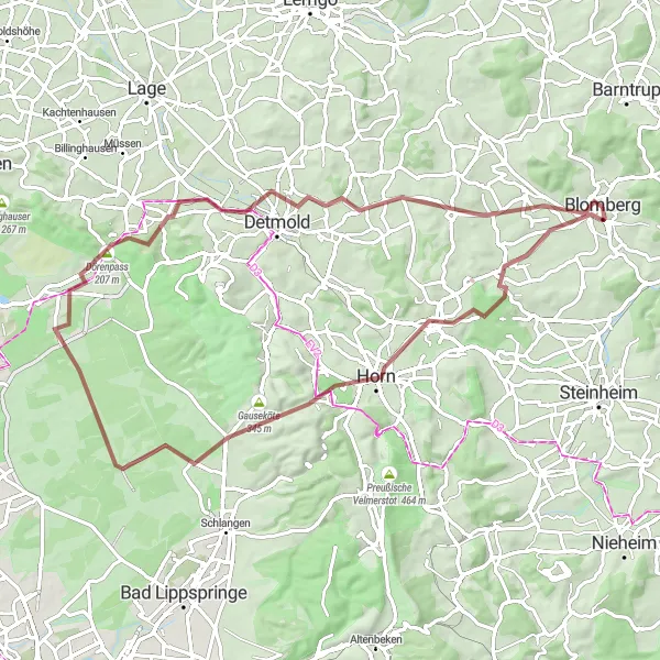 Map miniature of "The Gravel Adventure" cycling inspiration in Detmold, Germany. Generated by Tarmacs.app cycling route planner