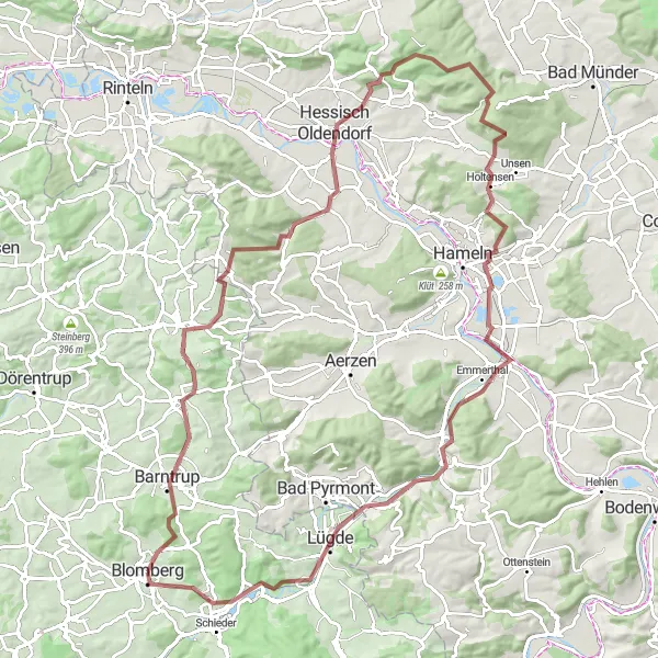 Karten-Miniaturansicht der Radinspiration "Herausfordernde Gravel-Tour von Barntrup nach Burg Blomberg" in Detmold, Germany. Erstellt vom Tarmacs.app-Routenplaner für Radtouren